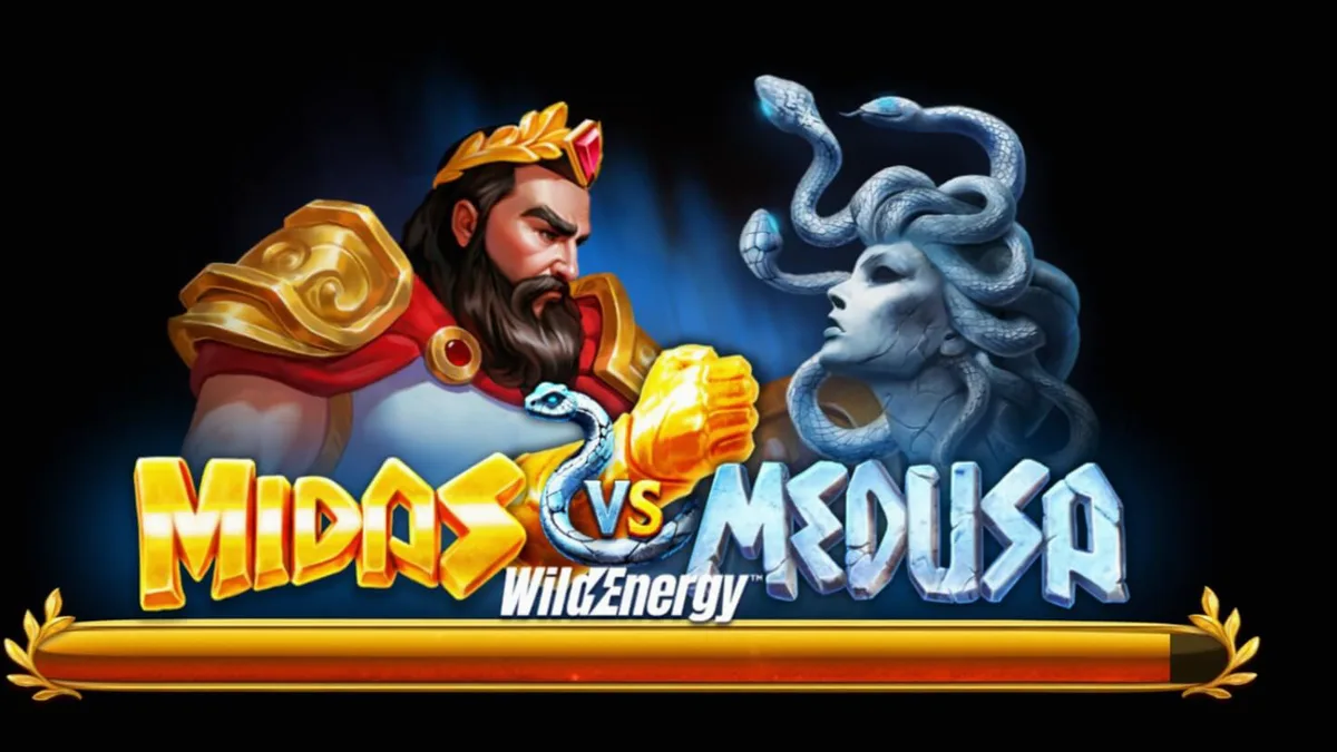 Midas VS Medusa WildEnergy slot machine interface showing the epic battle theme